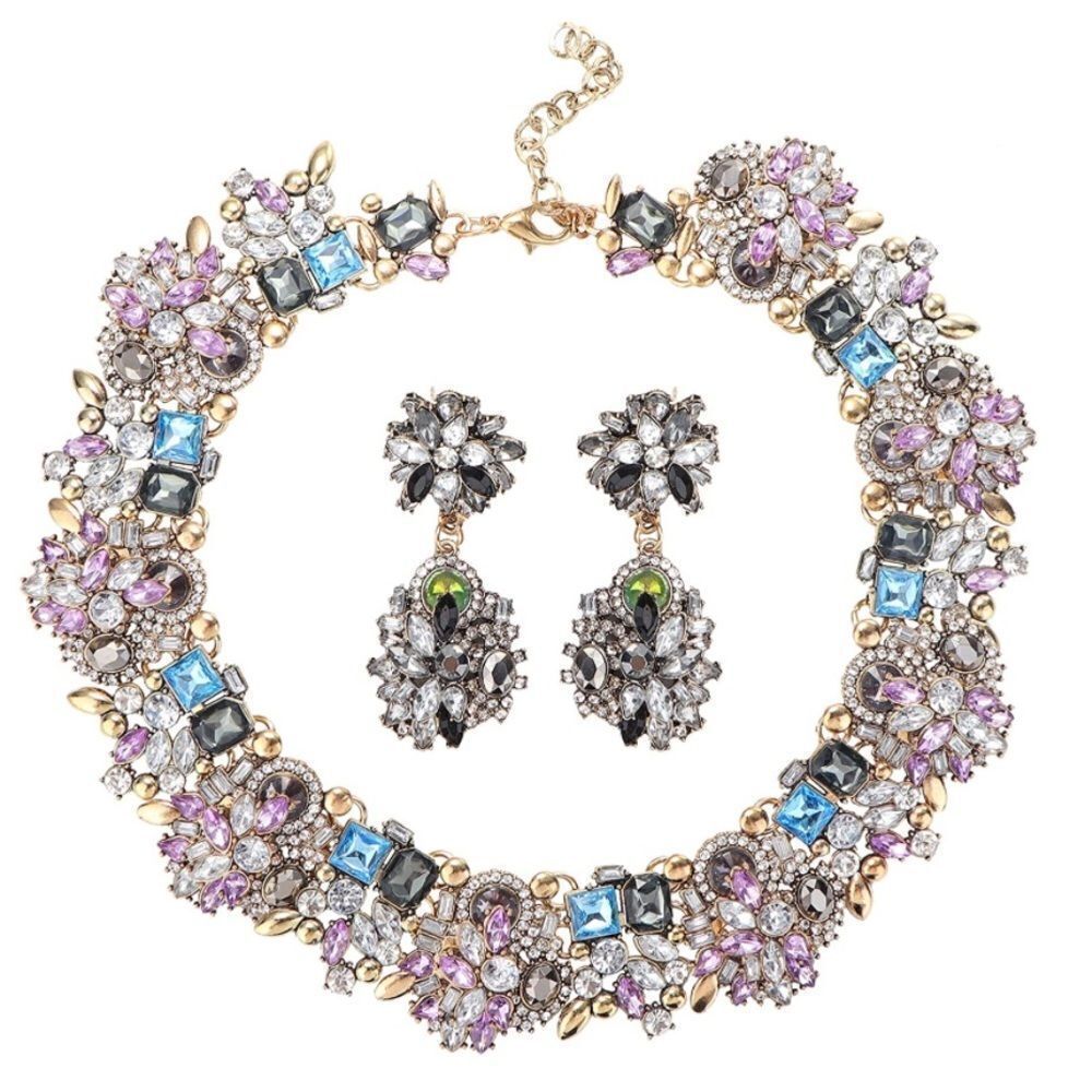 Yellow Gold with Multicolored Austrian Crystal Chunky Necklace and Earrings